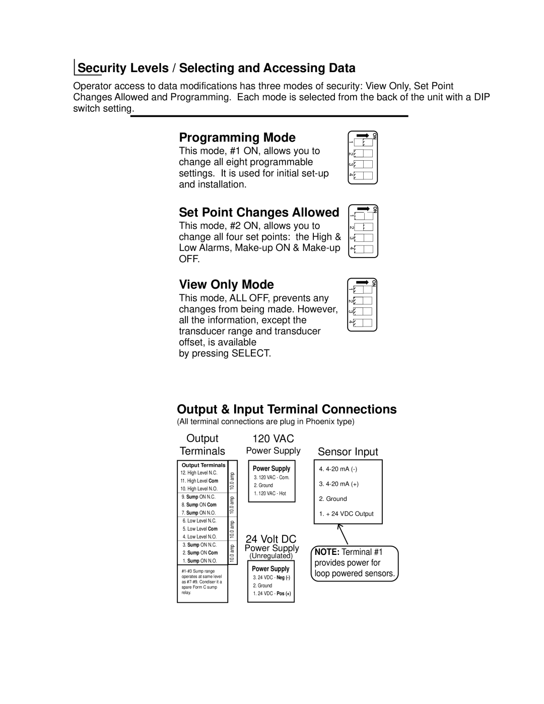 Omega Engineering LVCN-302 Security Levels / Selecting and Accessing Data, Programming Mode, Set Point Changes Allowed 