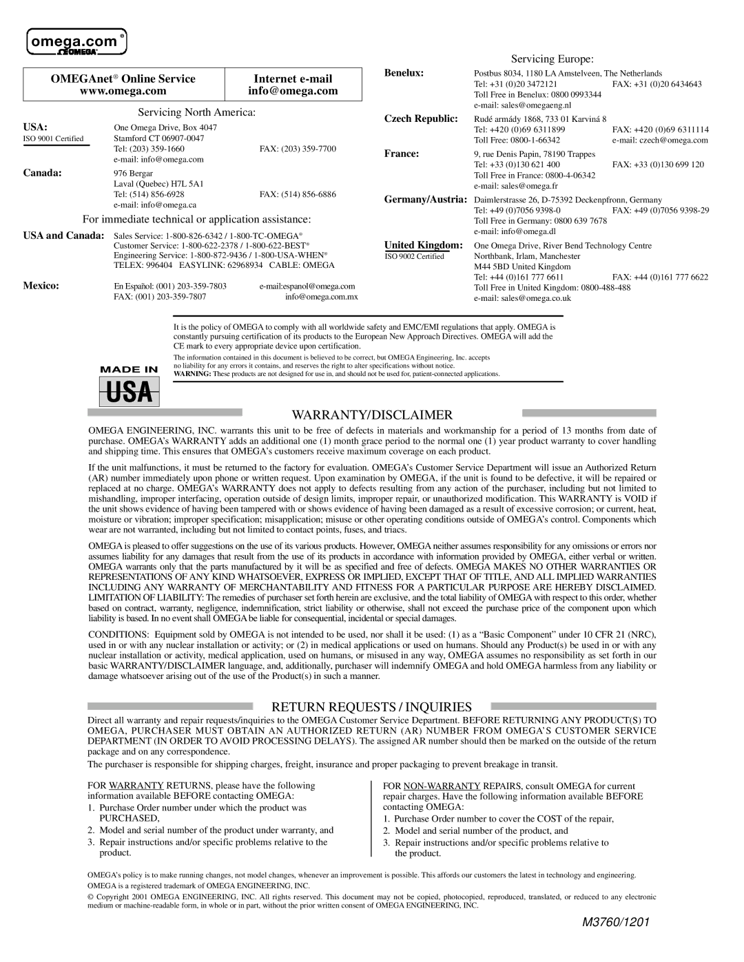 Omega Engineering LVCN-302 specifications Omega.com 