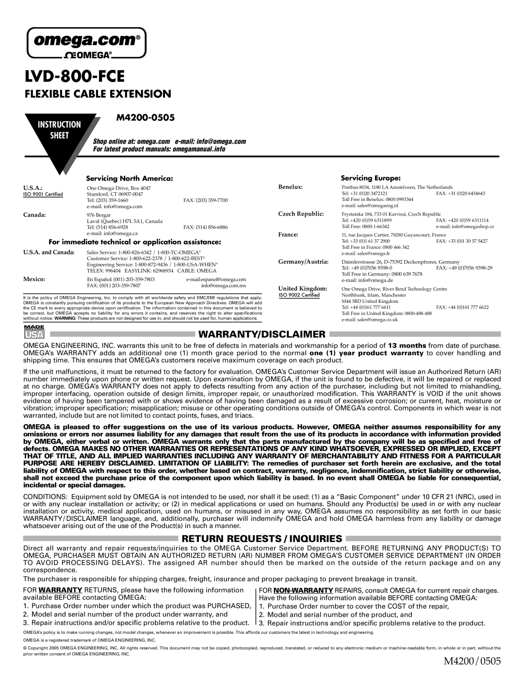 Omega Engineering LVD-800-FCE instruction sheet Warranty/Disclaimer, Return Requests / Inquiries, Servicing North America 