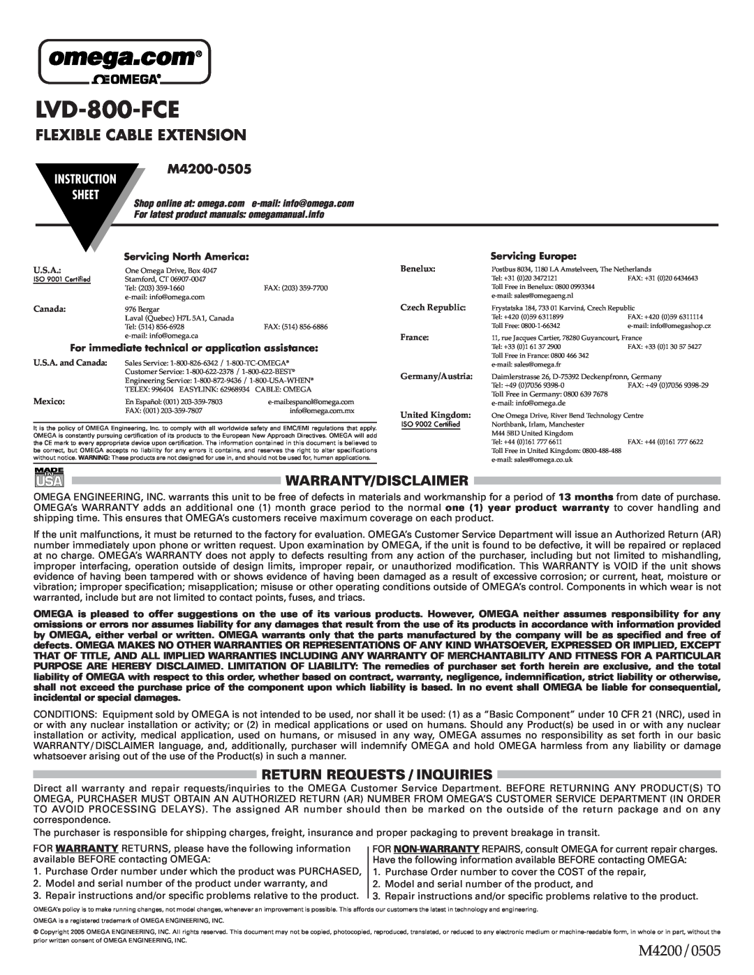 Omega Engineering LVD-800-FCE instruction sheet Flexible Cable Extension, Warranty/Disclaimer, Return Requests / Inquiries 