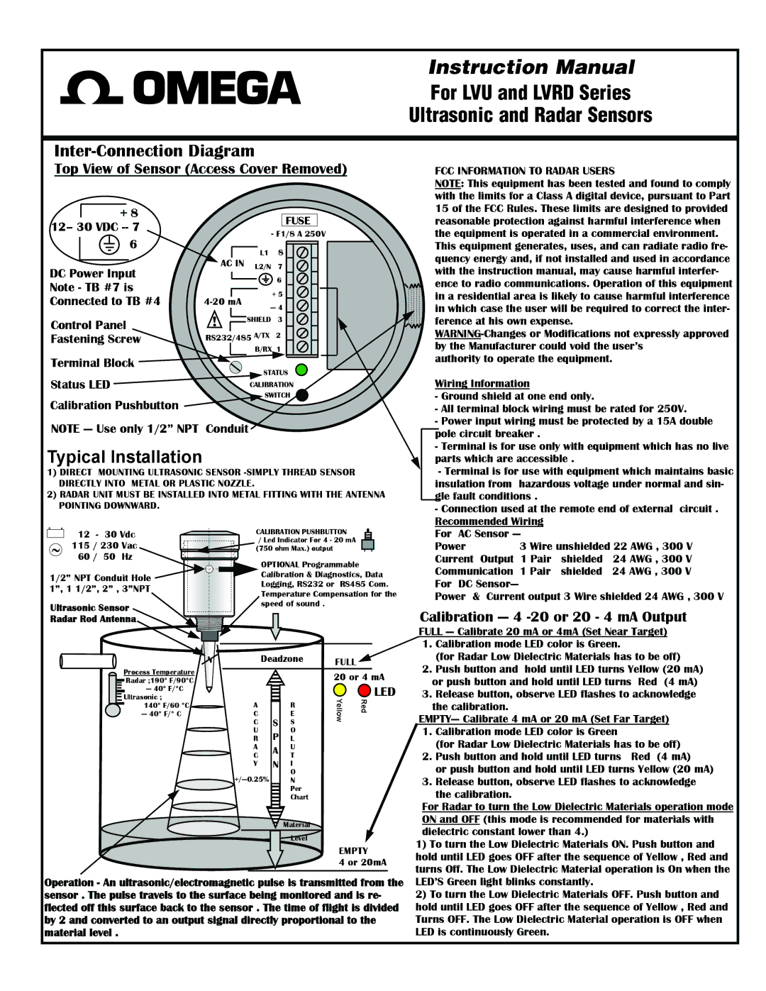 Omega Engineering LVRD500, LVU40 instruction sheet For LVU and Lvrd Series Ultrasonic and Radar Sensors 
