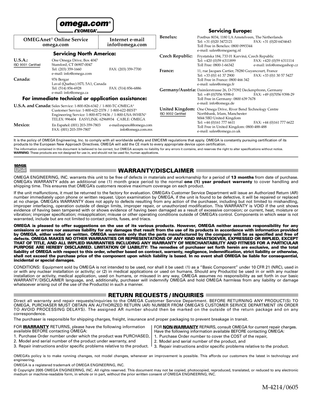 Omega Engineering LVRD500, LVU40 instruction sheet 4214/0605 