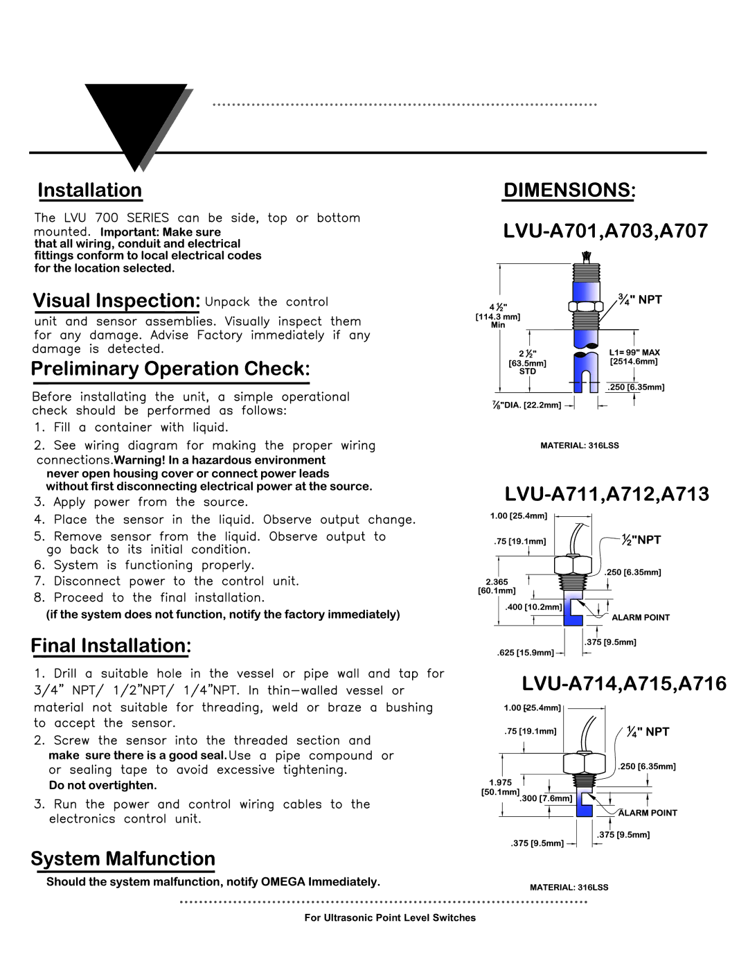 Omega Engineering LVU-700 manual For Ultrasonic Point Level Switches 