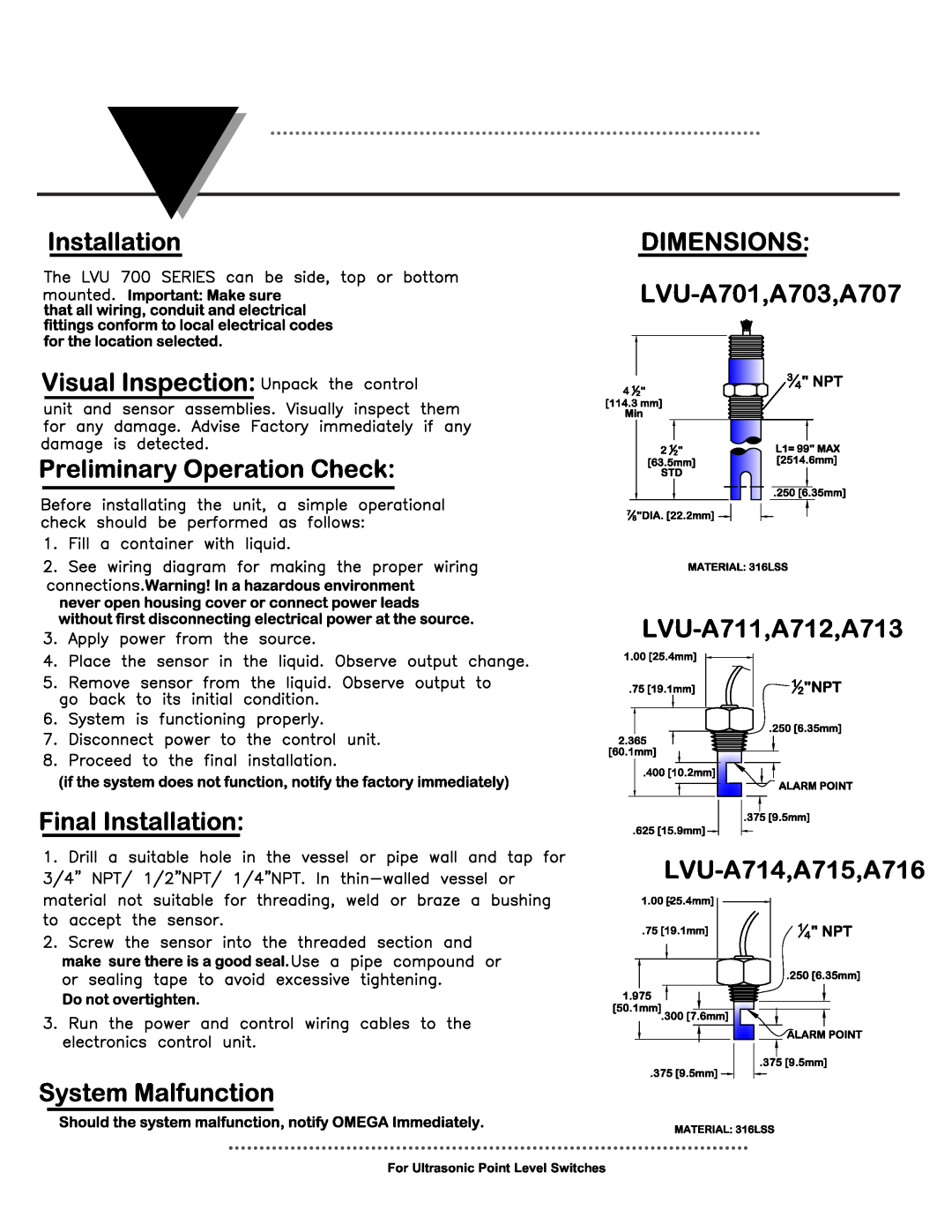 Omega Engineering LVU-700 manual For Ultrasonic Point Level Switches 