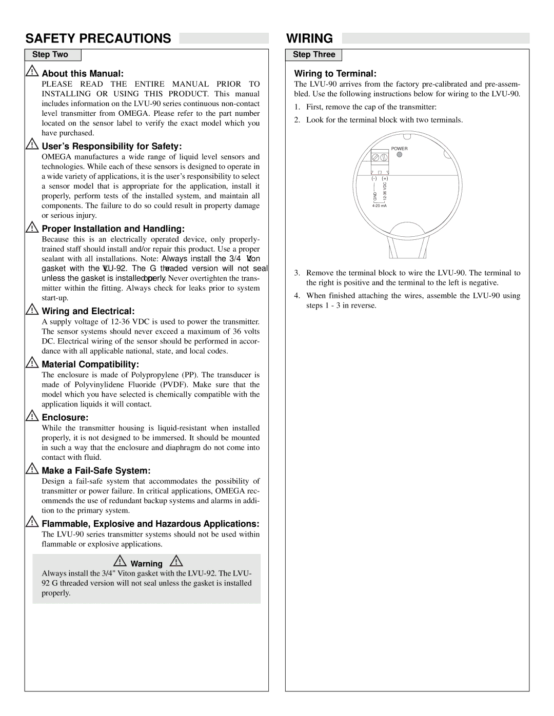 Omega Engineering LVU-90 warranty Safety Precautions, Wiring 