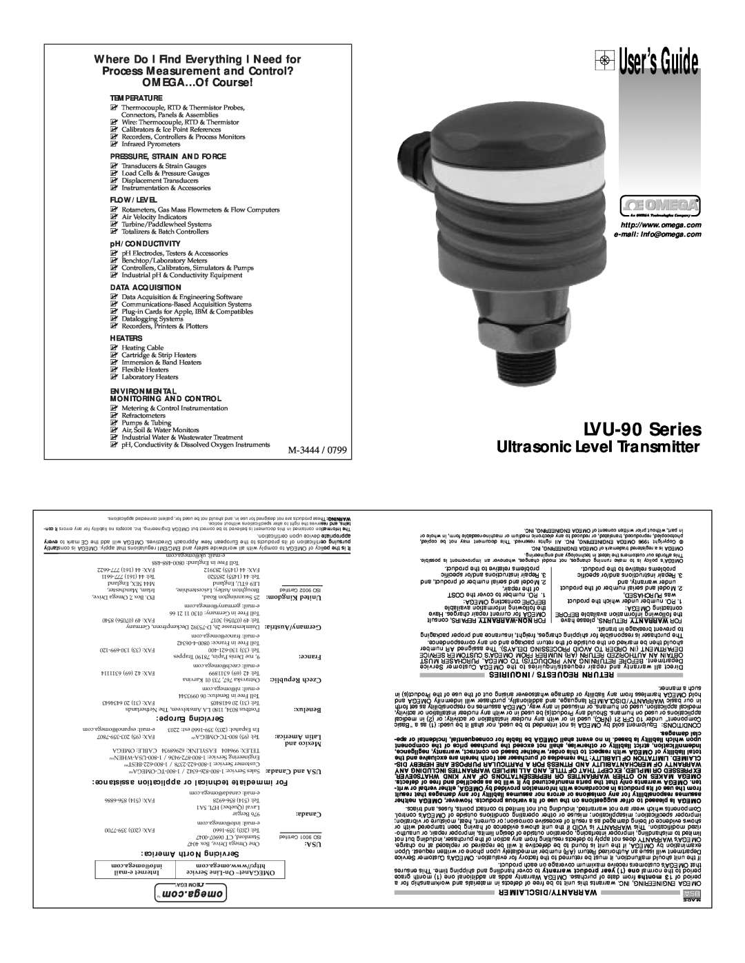 Omega Engineering warranty User’s Guide, LVU-90Series, Ultrasonic Level Transmitter, OMEGA…Of Course, M-3444 /0799 