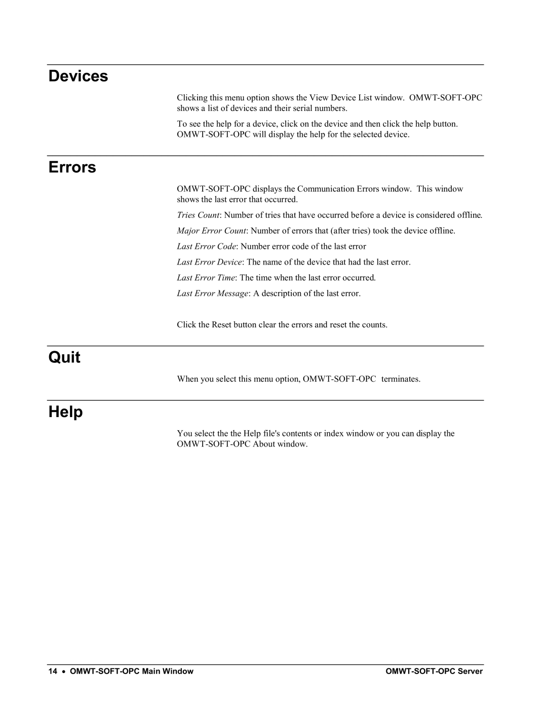 Omega Engineering M-4066 manual Devices Errors, Quit, Help 