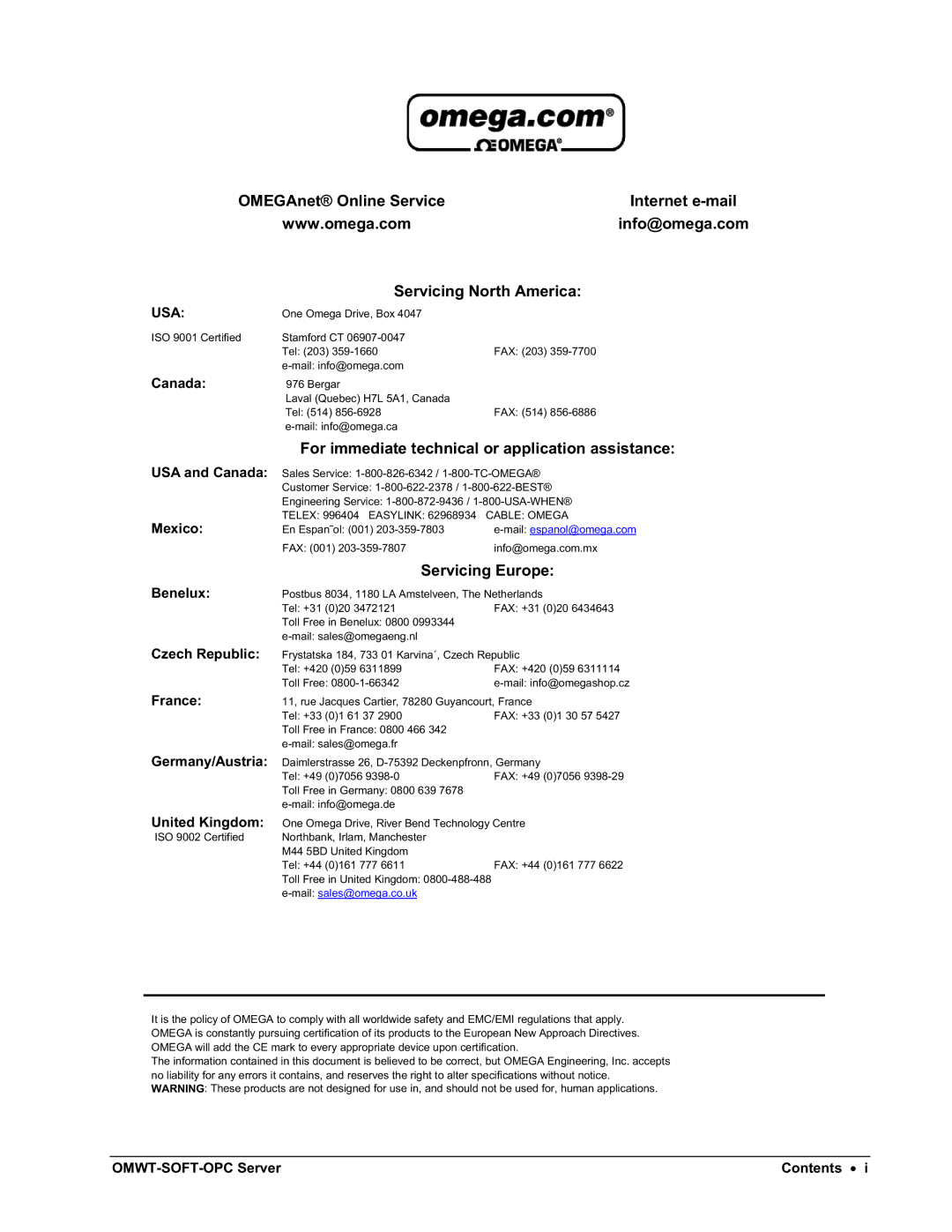 Omega Engineering M-4066 manual OMEGAnet Online Service Internet e-mail Info@omega.com 