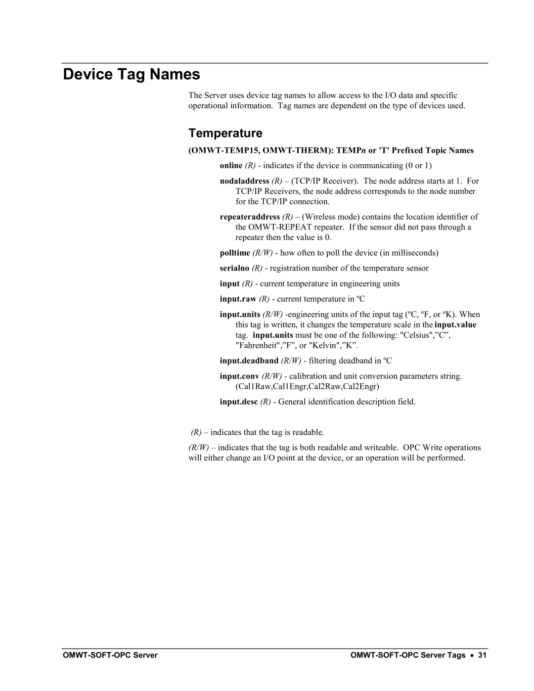 Omega Engineering M-4066 manual Device Tag Names, Temperature 