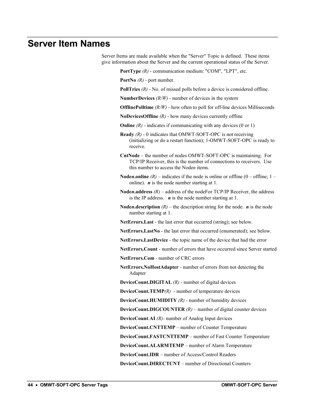 Omega Engineering M-4066 manual Server Item Names 