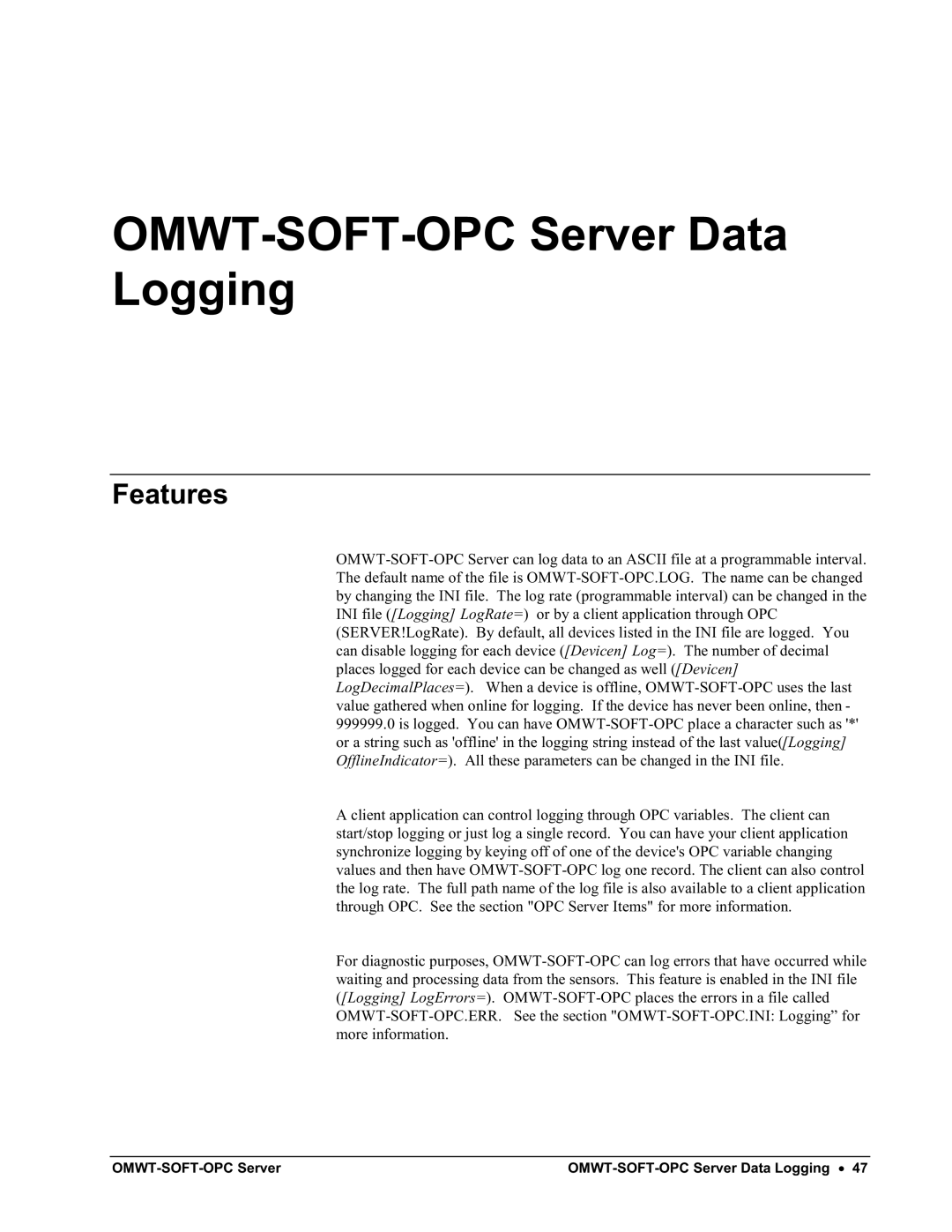 Omega Engineering M-4066 manual OMWT-SOFT-OPC Server Data Logging, Features 