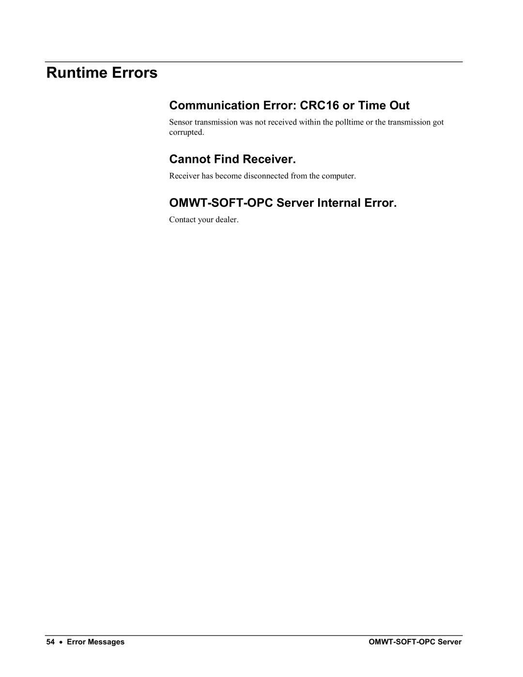 Omega Engineering M-4066 manual Runtime Errors, Communication Error CRC16 or Time Out, OMWT-SOFT-OPC Server Internal Error 