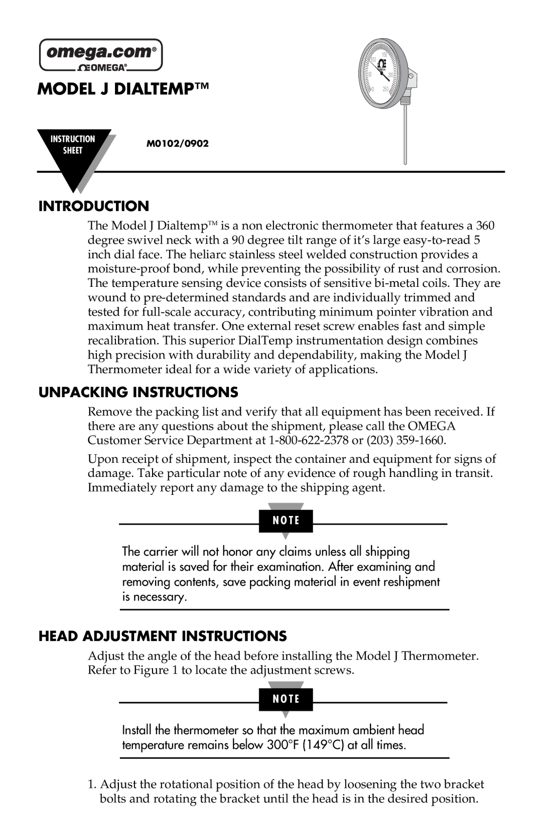 Omega Engineering M0102, M0902 instruction sheet Introduction, Unpacking Instructions, Head Adjustment Instructions 