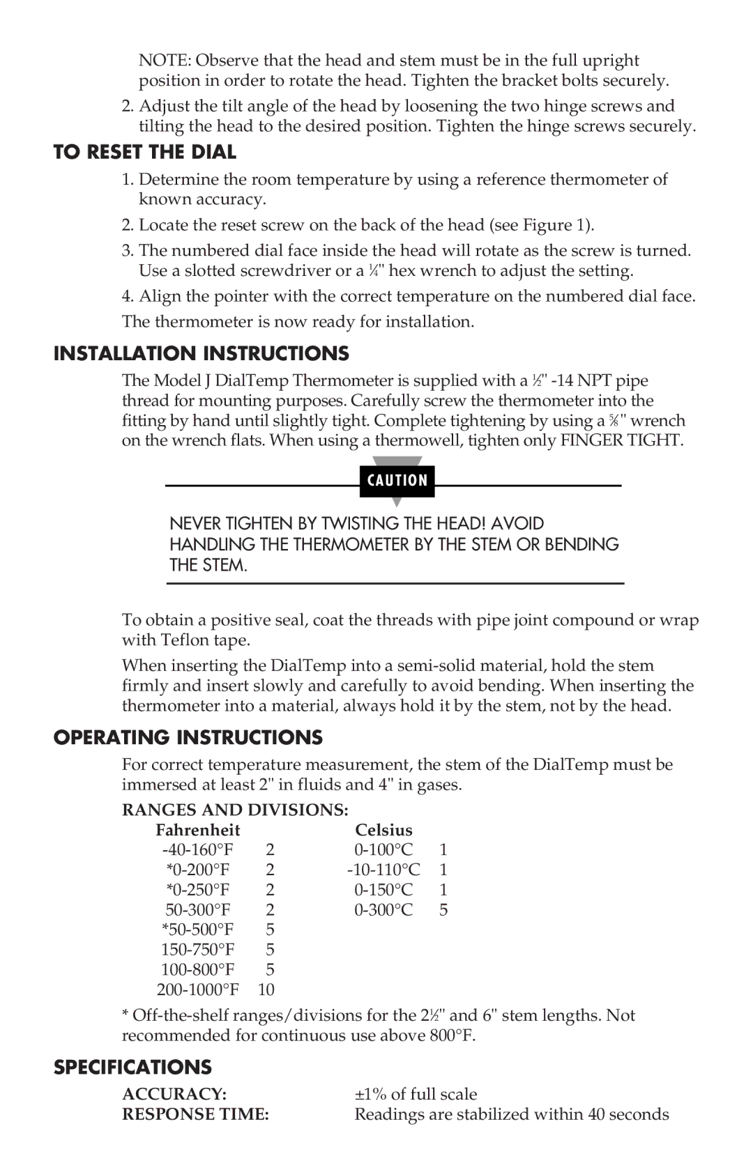 Omega Engineering M0902, M0102 To Reset the Dial, Installation Instructions, Operating Instructions, Specifications 