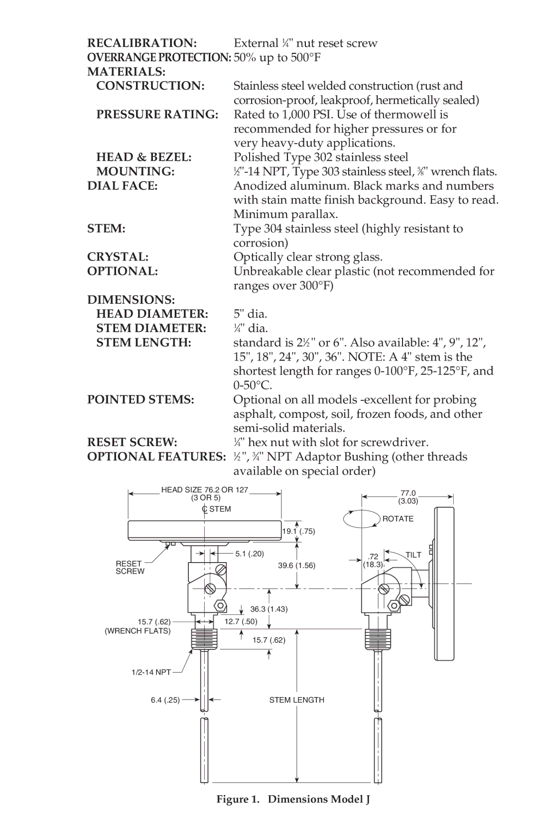 Omega Engineering M0102 Recalibration, Materials, Construction, Pressure Rating, Head & Bezel, Mounting, Dial Face, Stem 