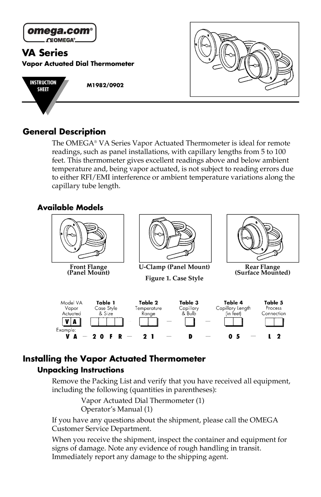 Omega Engineering M1982/0902 instruction sheet General Description, Installing the Vapor Actuated Thermometer 