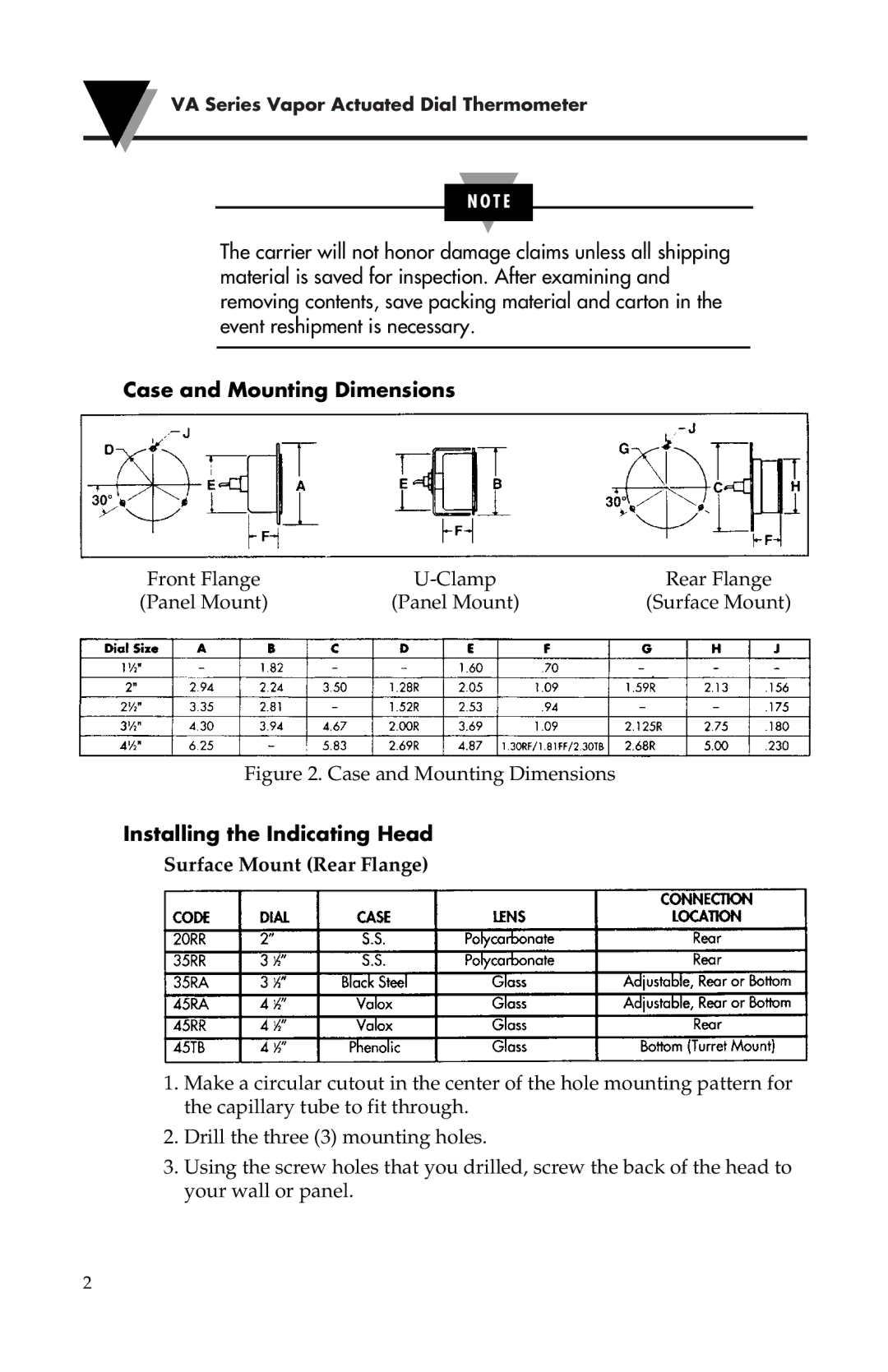 Omega Engineering M1982/0902 Case and Mounting Dimensions, Installing the Indicating Head, Surface Mount Rear Flange 