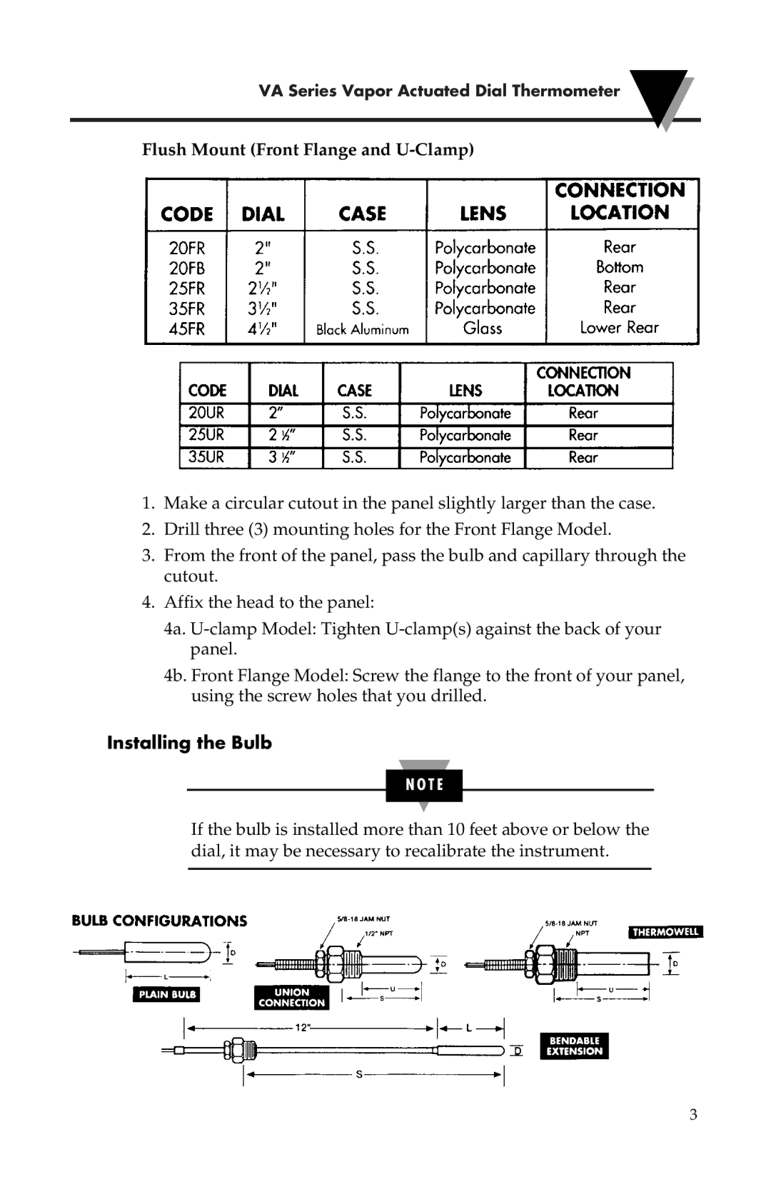 Omega Engineering M1982/0902 instruction sheet Flush Mount Front Flange and U-Clamp, Installing the Bulb 