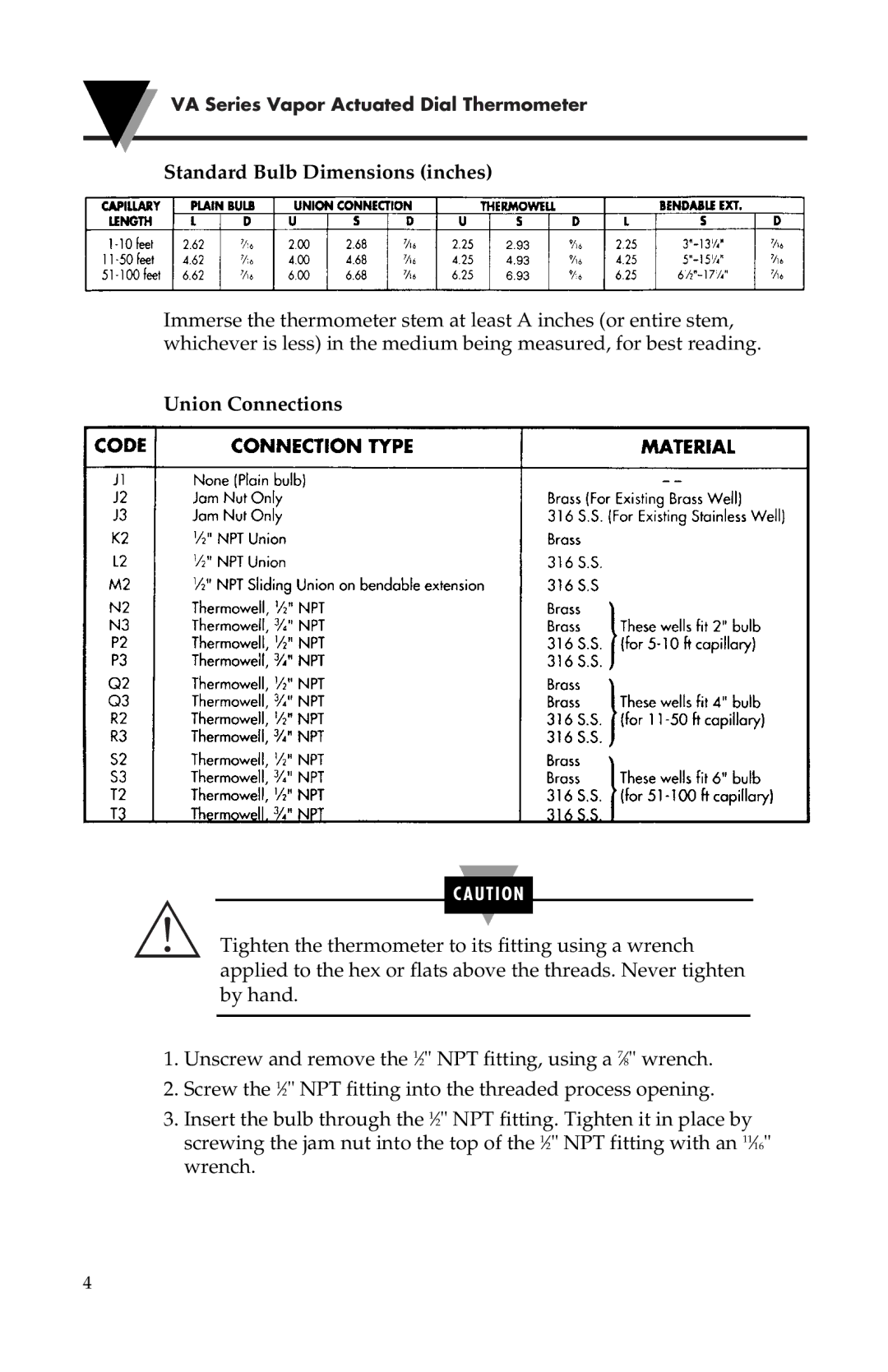 Omega Engineering M1982/0902 instruction sheet Standard Bulb Dimensions inches, Union Connections 