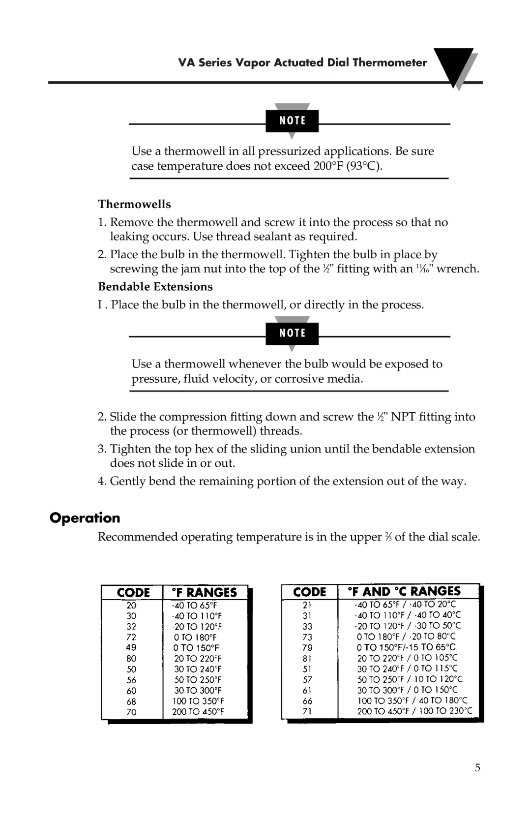 Omega Engineering M1982/0902 instruction sheet Operation, Thermowells, Bendable Extensions 