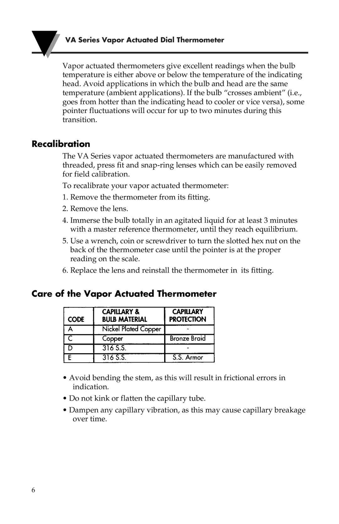 Omega Engineering M1982/0902 instruction sheet Recalibration, Care of the Vapor Actuated Thermometer 