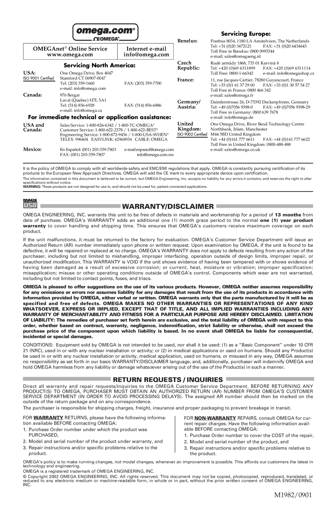 Omega Engineering M1982/0902 instruction sheet Warranty/Disclaimer 