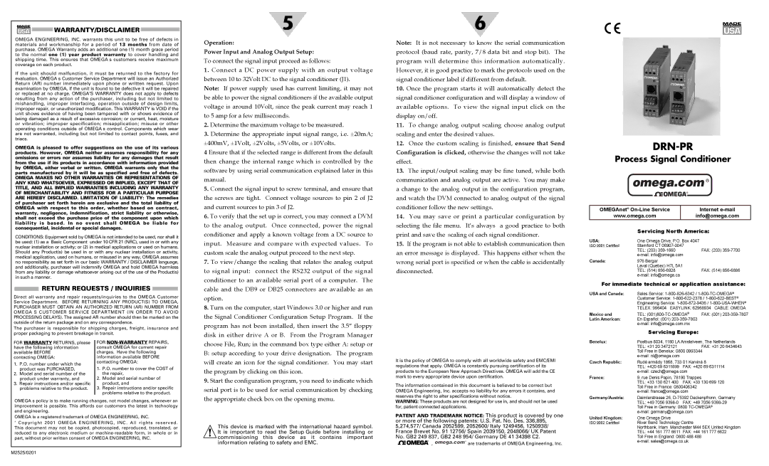 Omega Engineering M2525/0201 warranty Usa Warranty/Disclaimer, Return Requests / Inquiries 