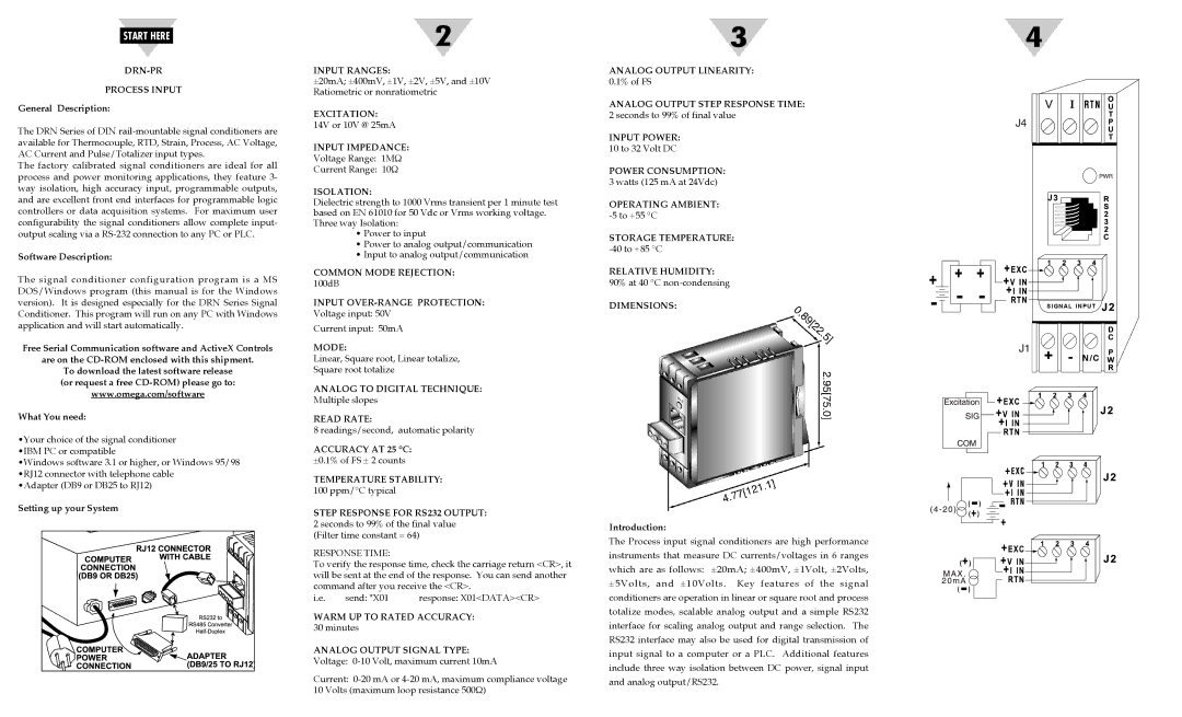 Omega Engineering M2525/0201 DRN-PR Process Input, Input Ranges, Excitation, Input Impedance, Isolation, Mode, Read Rate 