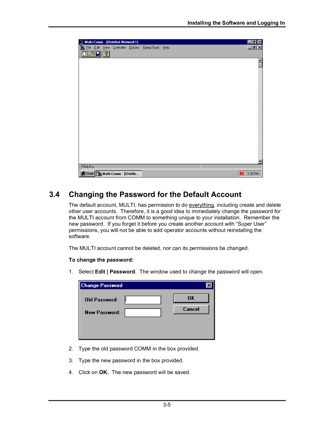 Omega Engineering #M3350/0101 manual Changing the Password for the Default Account, To change the password 