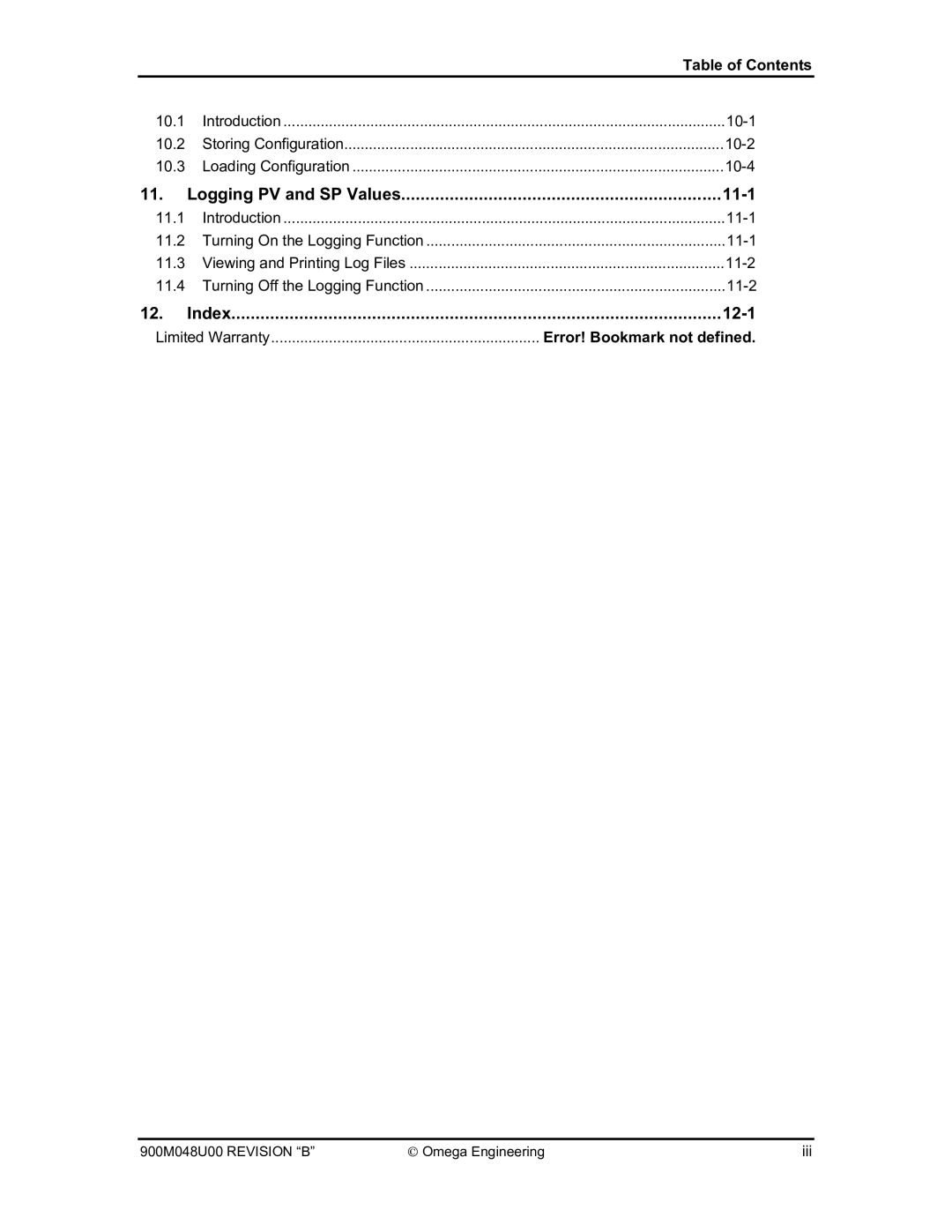 Omega Engineering #M3350/0101 manual 11-1, Table of Contents 