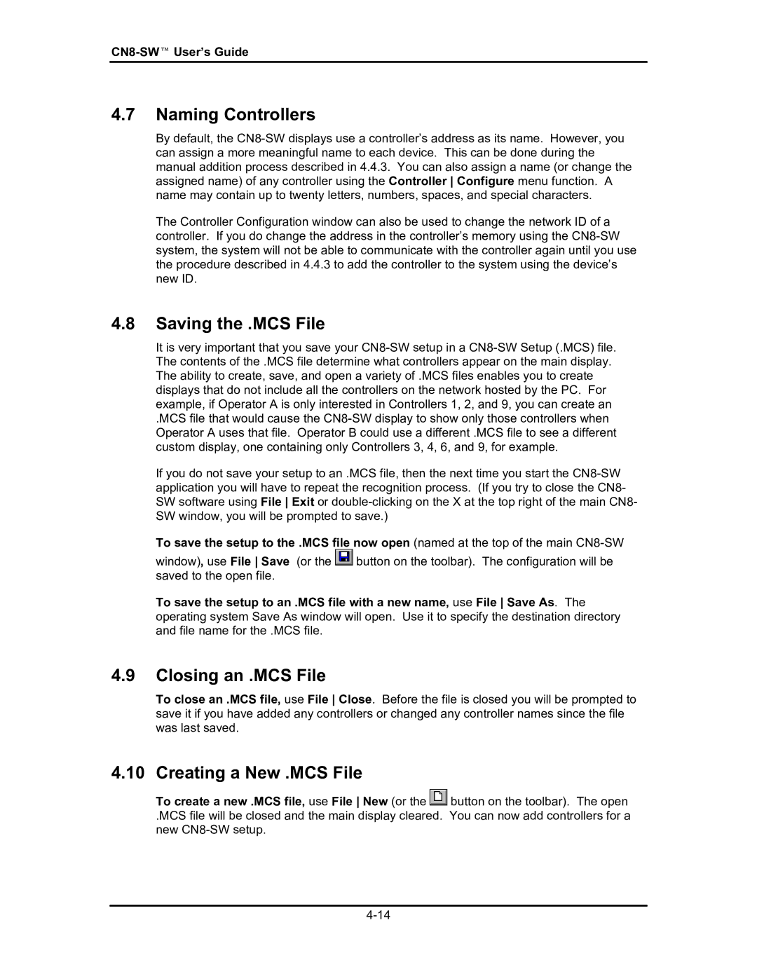 Omega Engineering #M3350/0101 Naming Controllers, Saving the .MCS File, Closing an .MCS File, Creating a New .MCS File 