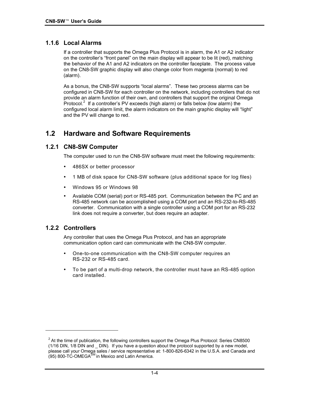 Omega Engineering #M3350/0101 manual Hardware and Software Requirements, Local Alarms, 1 CN8-SW Computer, Controllers 