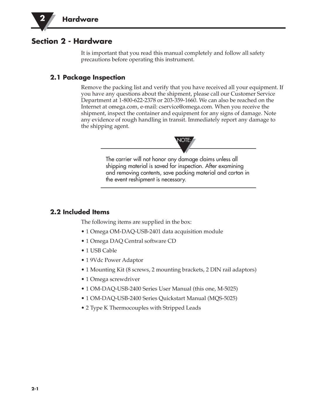 Omega Engineering OM-DAQ-USB-2401 manual Hardware, Package Inspection, Included Items 