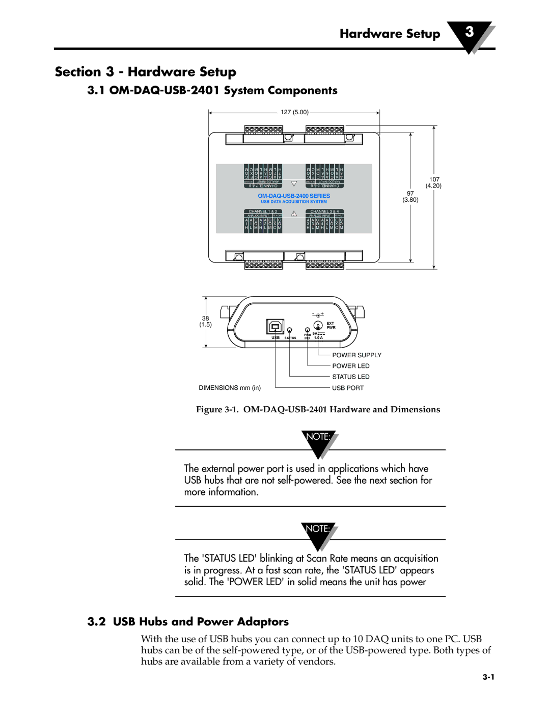 Omega Engineering manual Hardware Setup, OM-DAQ-USB-2401 System Components, USB Hubs and Power Adaptors 