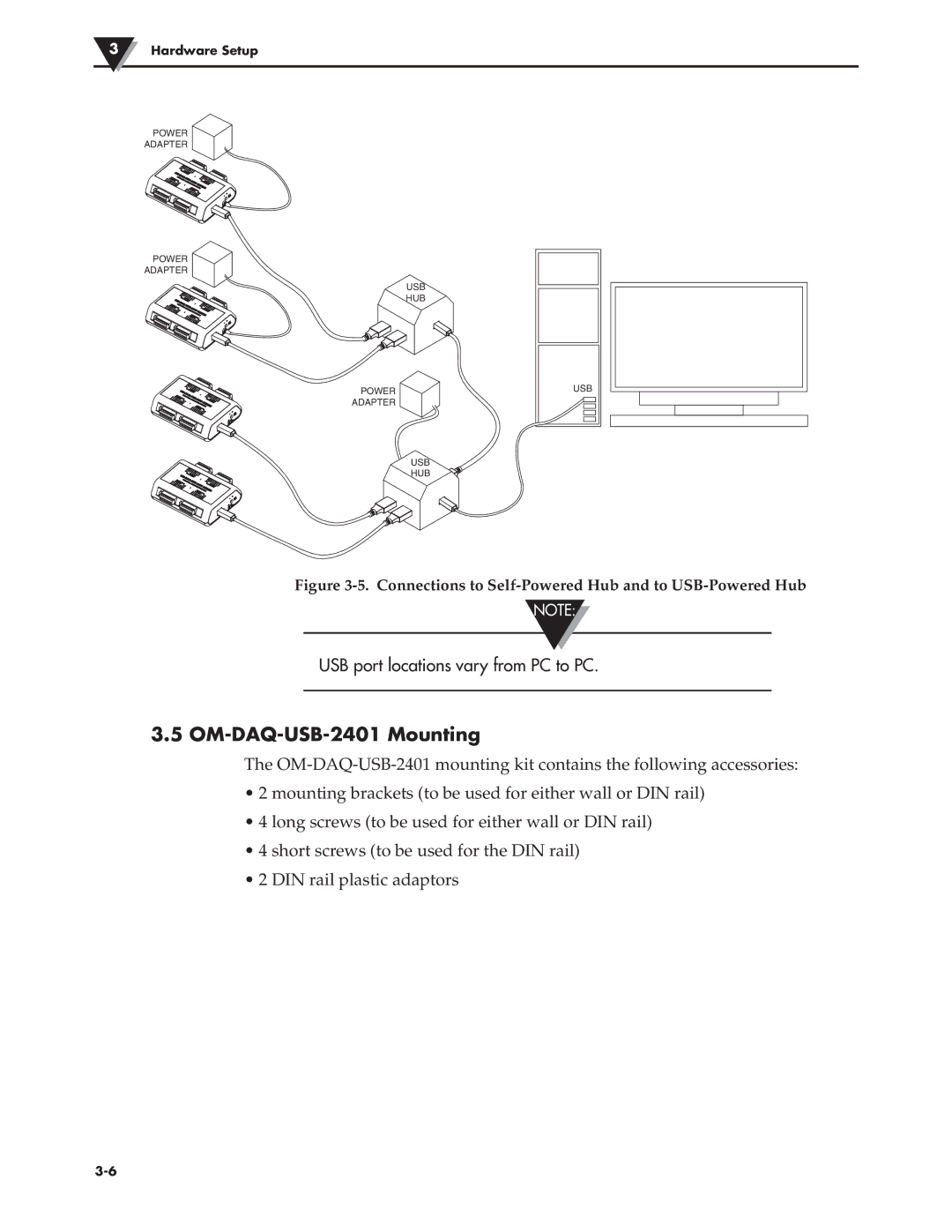 Omega Engineering manual OM-DAQ-USB-2401 Mounting, Connections to Self-Powered Hub and to USB-Powered Hub 