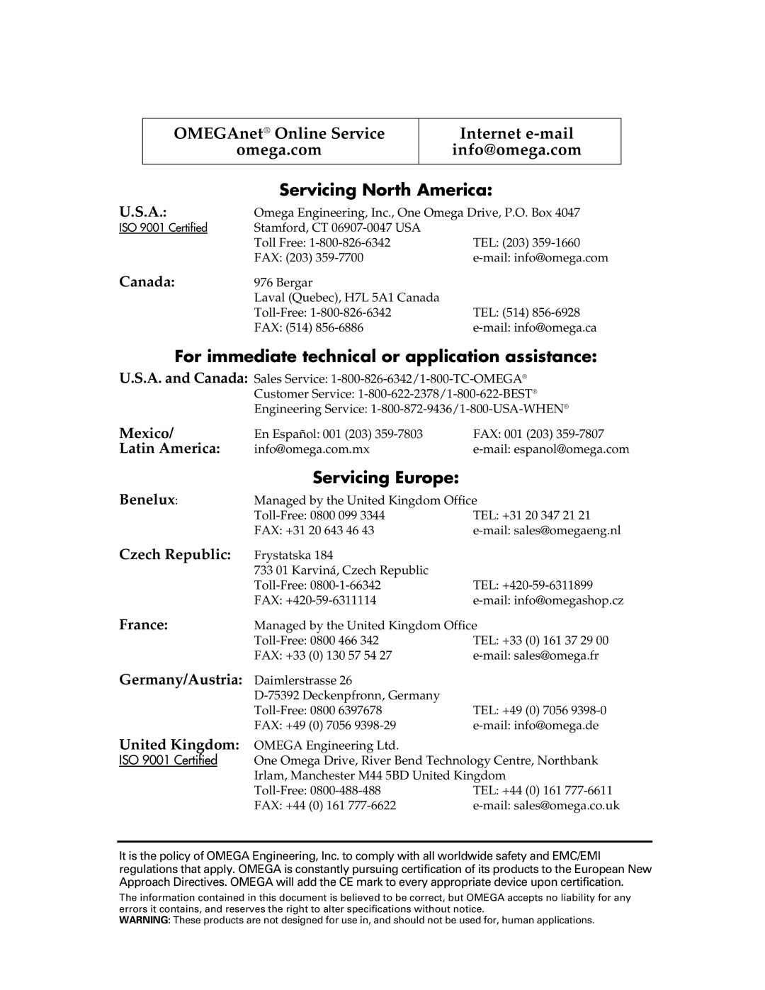 Omega Engineering OM-DAQ-USB-2401 manual Servicing North America 