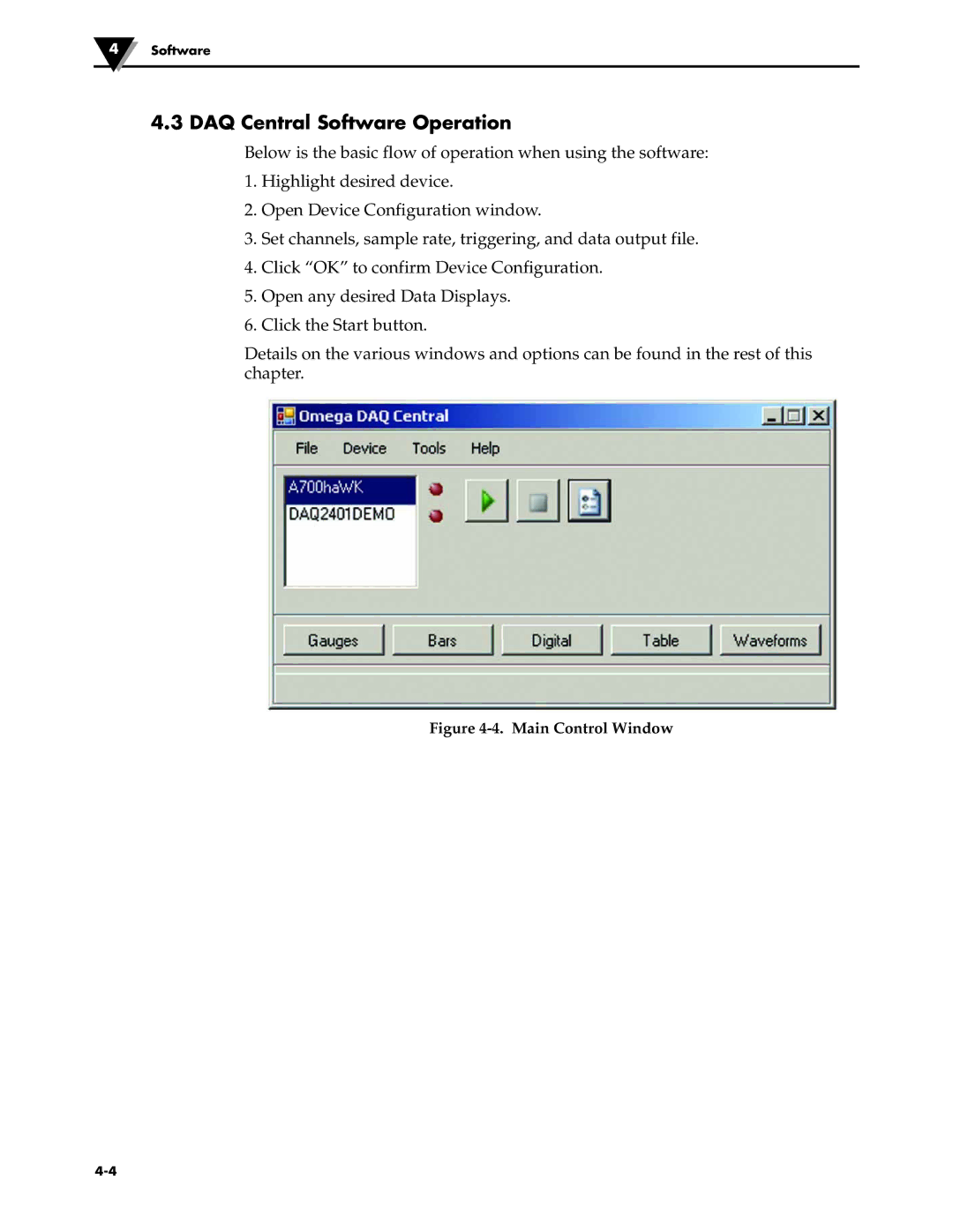 Omega Engineering OM-DAQ-USB-2401 manual DAQ Central Software Operation, Main Control Window 