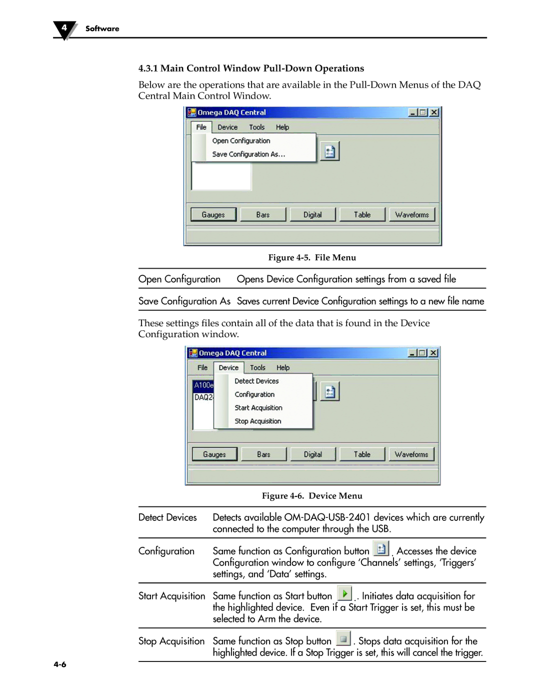 Omega Engineering OM-DAQ-USB-2401 manual Main Control Window Pull-Down Operations, File Menu 