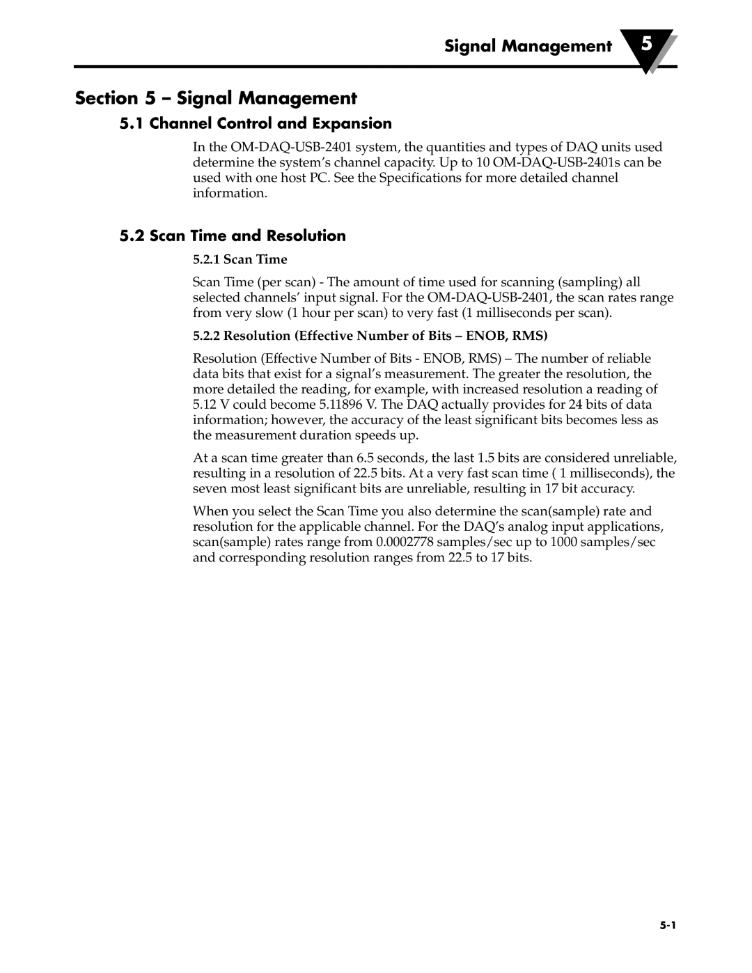 Omega Engineering OM-DAQ-USB-2401 manual Signal Management, Channel Control and Expansion, Scan Time and Resolution 
