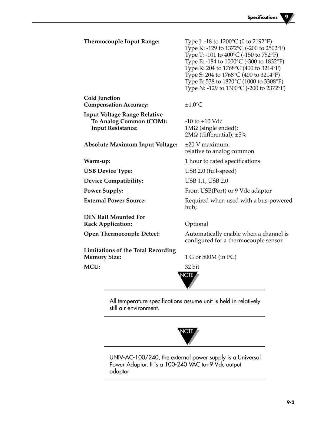 Omega Engineering OM-DAQ-USB-2401 Thermocouple Input Range, Cold Junction, Compensation Accuracy, To Analog Common COM 