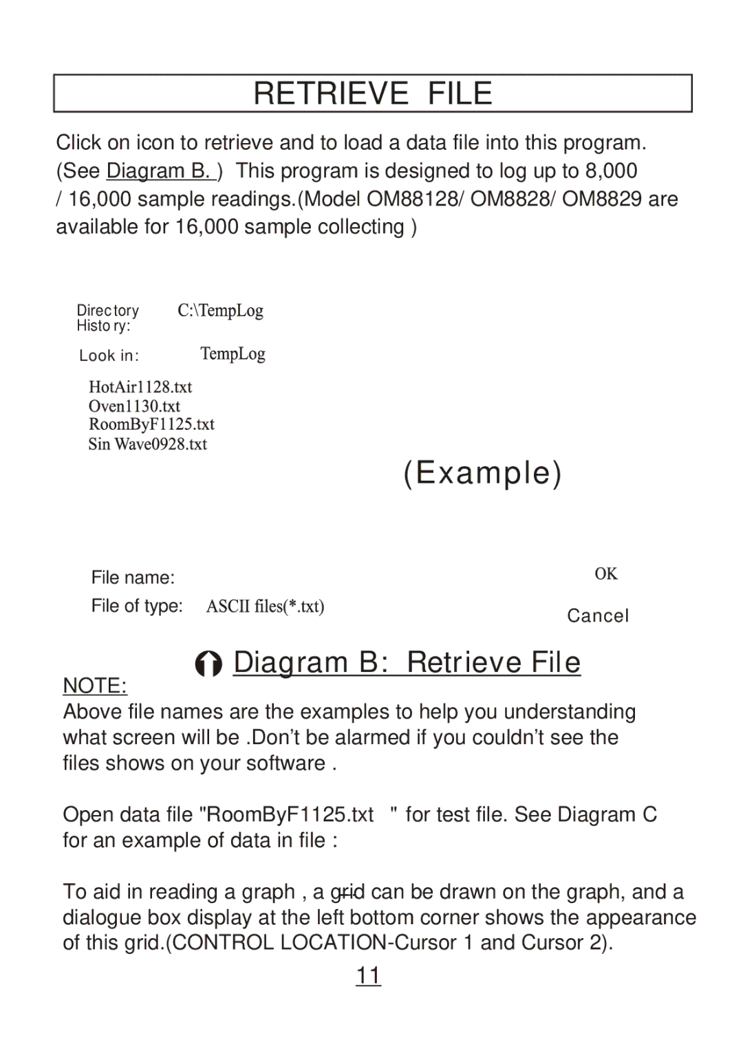 Omega Engineering OM8829, OM8800D, OM8828, OM88128 manual Retrieve File, Example 