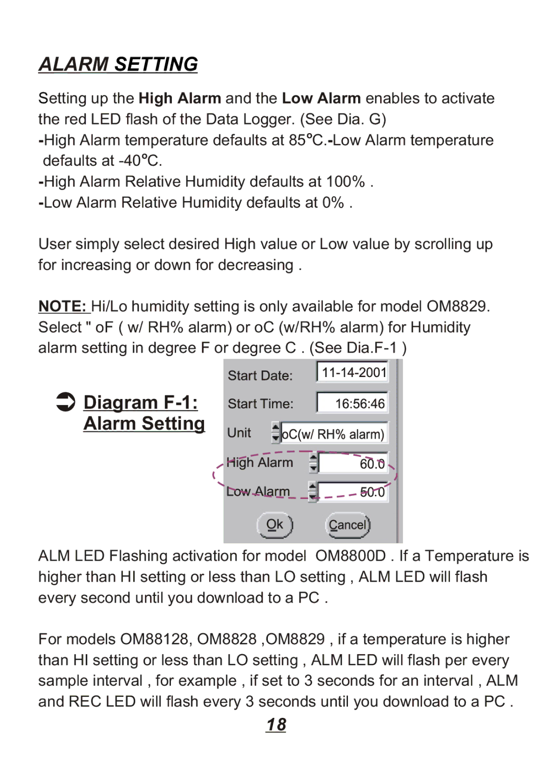 Omega Engineering OM8828, OM8800D, OM8829, OM88128 manual Alarm Setting 