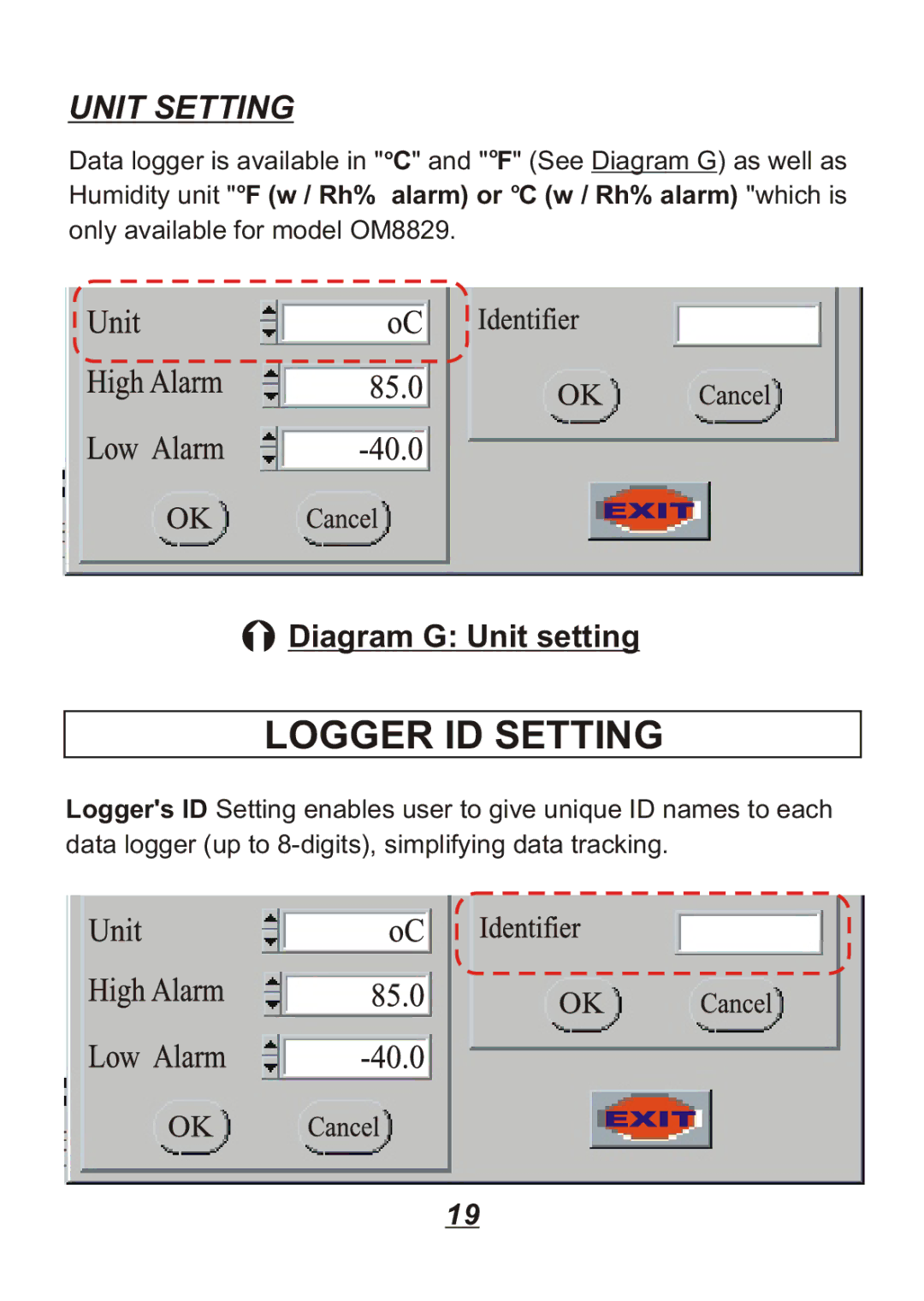 Omega Engineering OM8829, OM8800D, OM8828, OM88128 manual Logger ID Setting, Unit Setting 