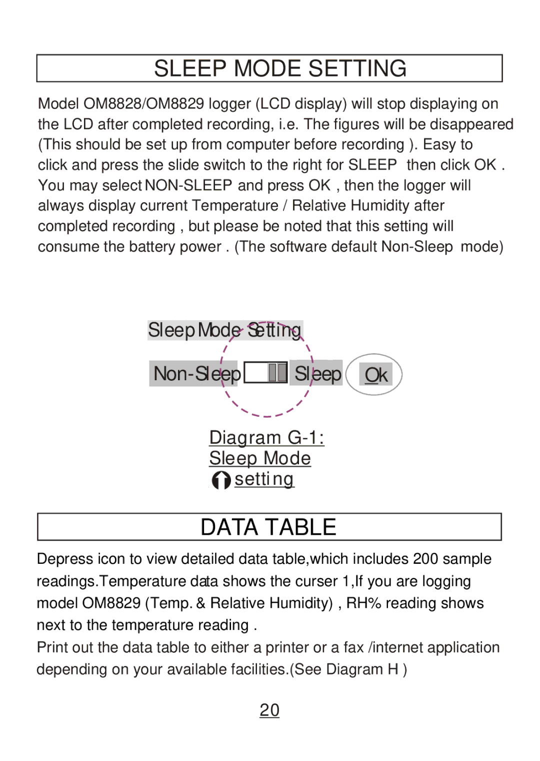 Omega Engineering OM88128, OM8800D, OM8828, OM8829 manual Sleep Mode Setting, Data Table 