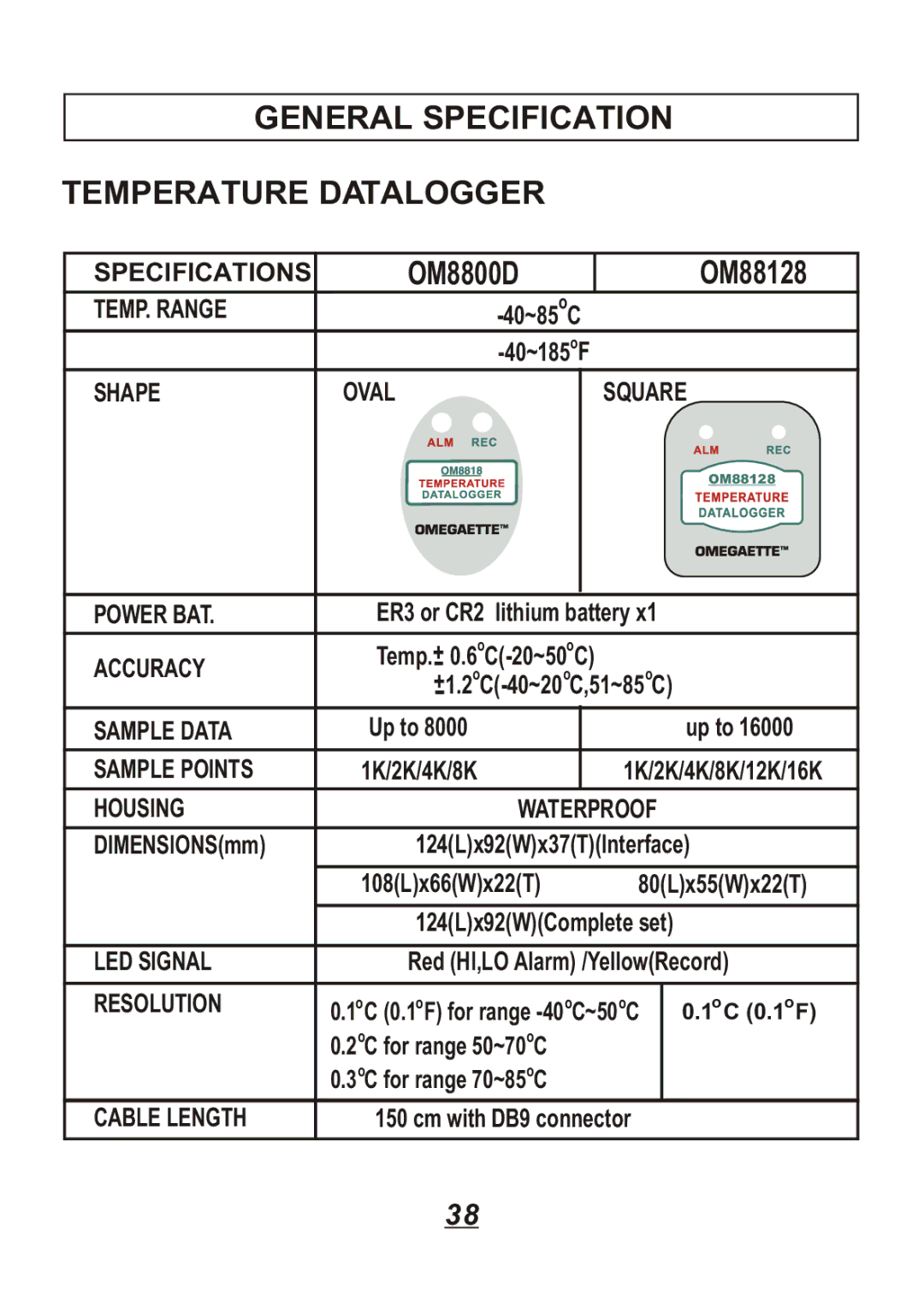 Omega Engineering OM8828, OM8800D, OM8829, OM88128 manual General Specification Temperature Datalogger 