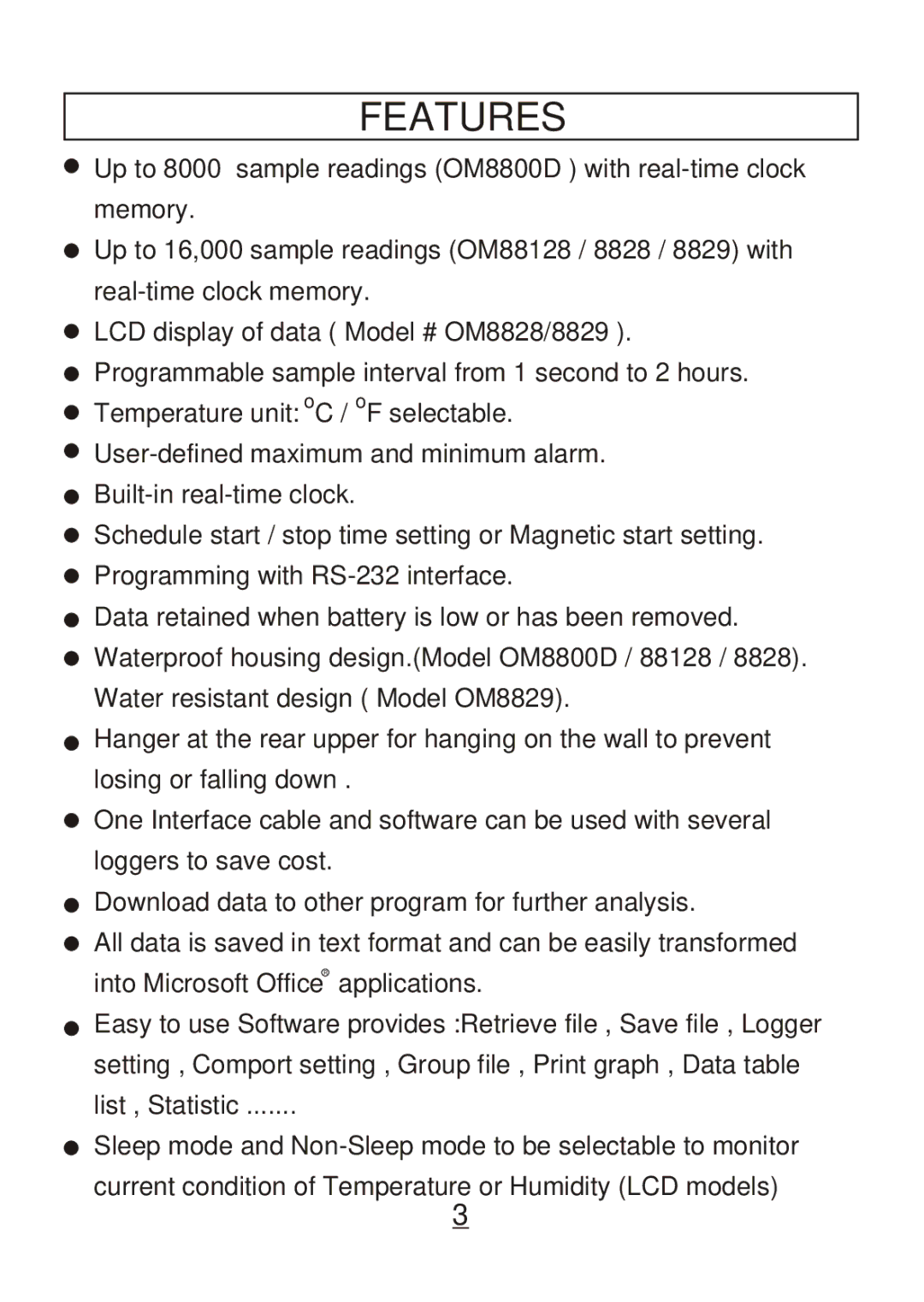 Omega Engineering OM8829, OM8800D, OM8828, OM88128 manual Features 