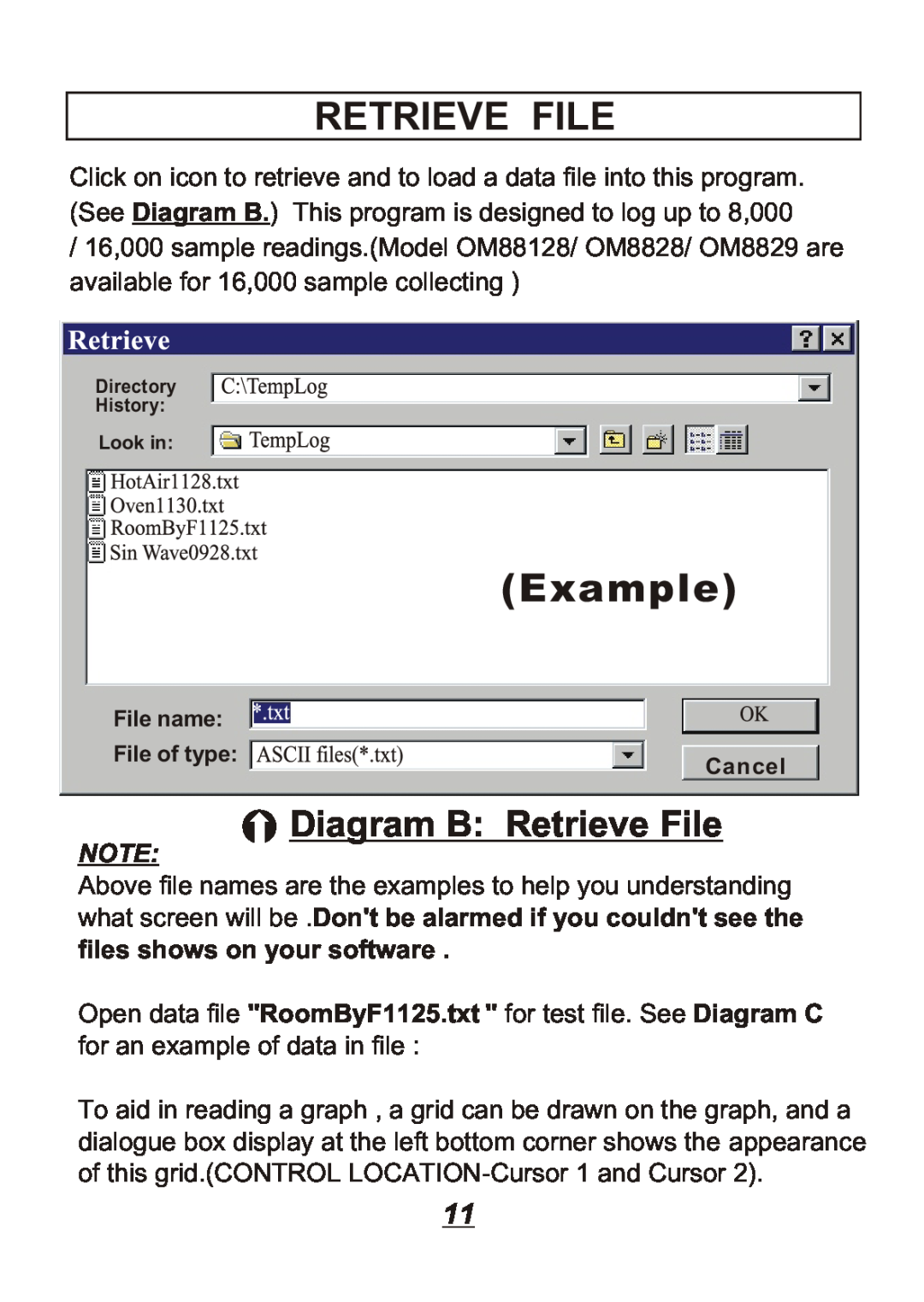 Omega Engineering OM8829, OM8800D, OM8828, OM88128 manual Example, Diagram B Retrieve File 