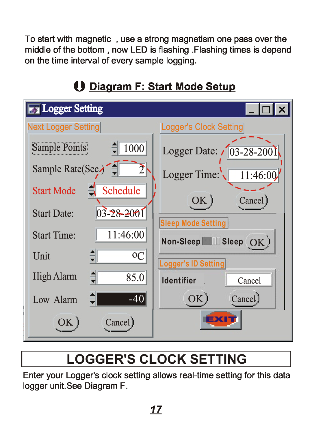 Omega Engineering OM8800D manual Loggers Clock Setting, Diagram F Start Mode Setup, Sleep Mode Setting, Loggers ID Setting 