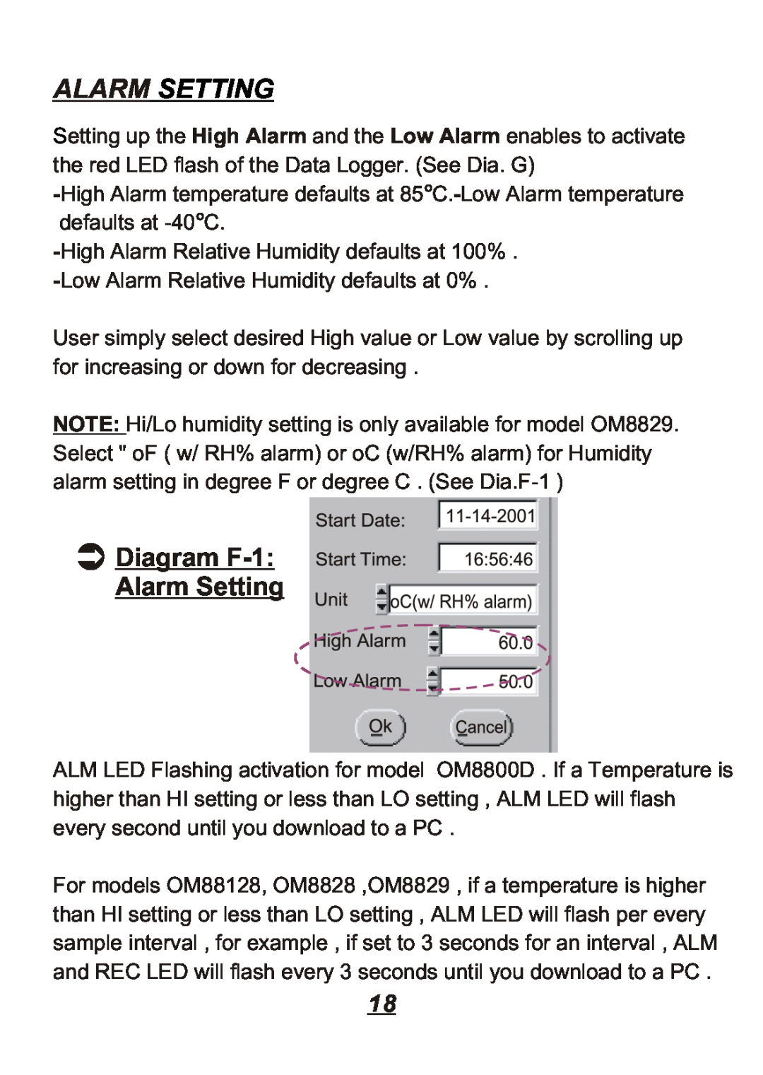 Omega Engineering OM8828, OM8800D, OM8829, OM88128 manual Diagram F-1 Alarm Setting 