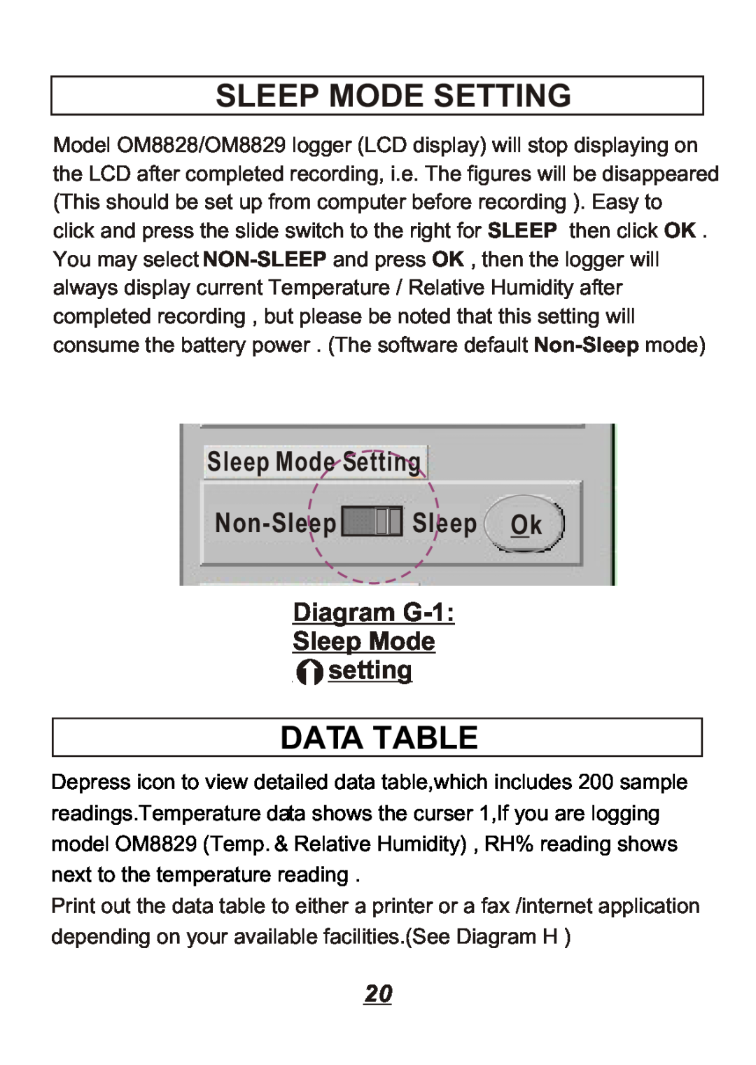 Omega Engineering OM88128, OM8800D Sleep Mode Setting, Data Table, Diagram G-1 Sleep Mode setting, Non-Sleep, Sleep Ok 